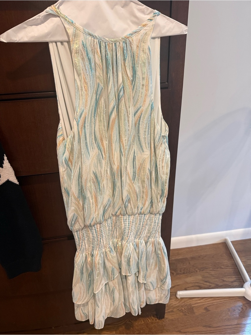 Ramy Brook Blue and Cream Printed metallic Sleeveless Midi Dress